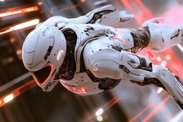 Poster - Futuristic robotic warrior soaring through a vibrant neon-lit cybernetic landscape in a breathtaking flight of technology. Generative AI