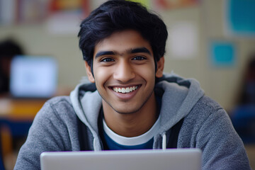 Poster -  young man is smiling and holding a laptop. He is wearing a gray hoodie and a blue shirt