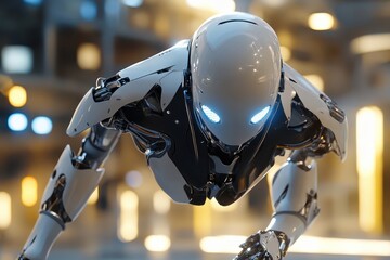 Poster - Futuristic robot exploring a high-tech environment during a vibrant innovation event at dusk. Generative AI