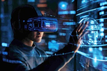 Fototapete - Exploring virtual reality with futuristic technology and immersive data visualizations in a modern setting. Generative AI