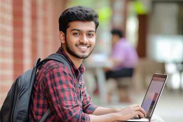 Poster -  young man with a backpack is sitting at a table with a laptop. He is smiling and he is enjoying himself