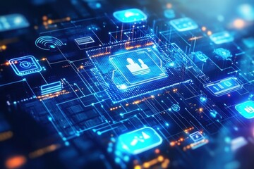 Fototapete - Exploring the vibrant world of digital connections and technology in a futuristic virtual landscape at dusk. Generative AI