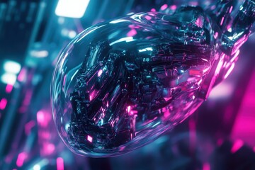Poster - Glowing futuristic orb intertwines mechanical and digital elements in a vibrant neon-lit environment at night. Generative AI