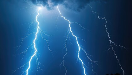 Poster - Blue lightning bolts illuminate dark sky during powerful storm, creating electrifying scene. Dramatic weather, natural power, vibrant energy. Ideal for weather forecasts, safety concepts. Stormy