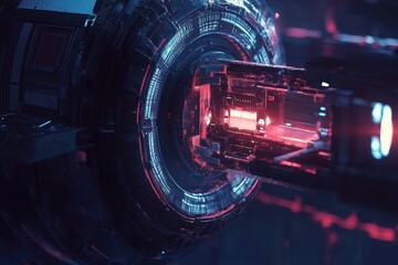 Fototapete - Futuristic machinery powers up with vibrant energies in a dark sci-fi setting, showcasing advanced technology and innovation. Generative AI