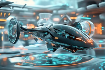 Poster - Futuristic flying vehicle gliding through a high-tech cityscape with glowing blue holograms in an advanced world. Generative AI