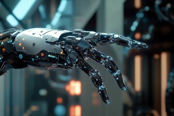 Poster - Futuristic robot hand reaching out towards glowing technology in a high-tech lab environment. Generative AI