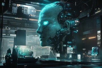 Poster - Futuristic cybernetic world showcases a glowing humanoid head surrounded by advanced technology at dusk. Generative AI