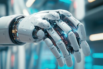 Poster - Futuristic robotic hand showcasing intricate technology and design in a high-tech laboratory environment. Generative AI
