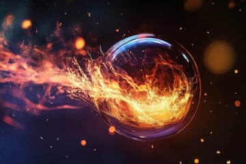 Poster - Vivid fusion of fire and liquid dance in a cosmic bubble glows under a starry night. Generative AI
