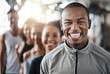 © peopleimages.com - Laugh, row and portrait of friends in gym for fitness, exercise and training in sports club. Happy, athlete team and line of men and women smile for wellness, health class and workout for progress