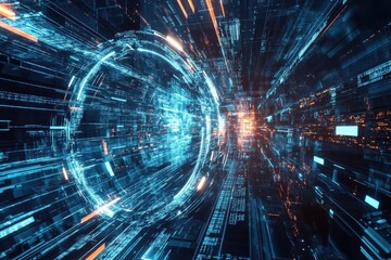 Fototapete - Exploring the vibrant pulse of a digital universe through a burst of glowing lines and swirling patterns. Generative AI
