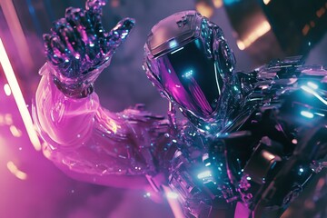Poster - Metallic figure emerges in a vibrant cyberpunk cityscape, showcasing futuristic technology at dusk. Generative AI
