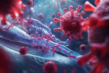 Poster - Microscopic view of viral structures interacting in a fluid environment with glowing details highlighting the dynamic activity. Generative AI