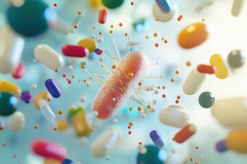 Poster - Floating bacteria surrounded by colorful medication capsules in a vibrant scientific exploration environment. Generative AI
