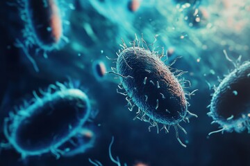 Poster - Microbial world reveals intricate details of bacteria in a vibrant blue environment captured in stunning clarity. Generative AI
