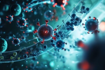Poster - Exploration of microscopic viruses tangled in dazzling strands showcasing intricate details and vibrant colors in a scientific world. Generative AI