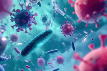 Poster - Exploring the microscopic world of vibrant bacteria and viruses in a stunning display of colors and shapes. Generative AI