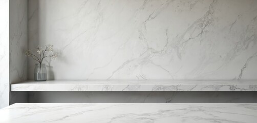 Poster - White marble kitchen shelf background with plant and light from window. Clean minimal design, interior wall texture. Empty counter bar studio room workplace mockup. Minimalist platform scene creator.