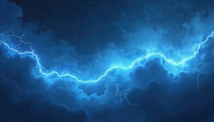 Wall Mural - dramatic night sky illuminated by blue lightning bolt with thunderstorm, swirling clouds. glowing en