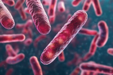 Poster - Microscopic view of vibrant bacteria thriving in a nutrient-rich environment under a colorful gradient backdrop. Generative AI