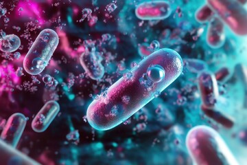 Poster - Vibrant microscopic world of bacteria showcasing intricate structures and dynamic movements in a surreal, colorful environment. Generative AI