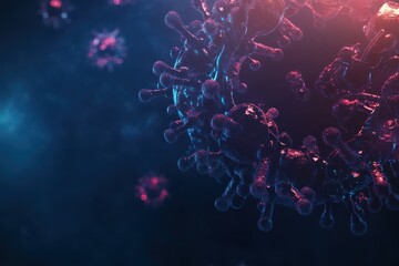 Poster - Intricate details of microscopic virus structures illuminated in vibrant colors against a dark background in a stunning visual display. Generative AI