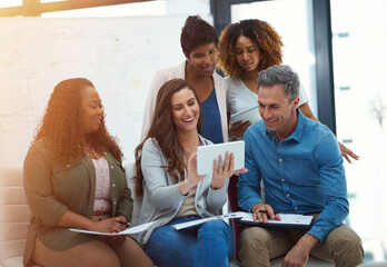 Aufkleber - Meeting, tablet and happy business people in office for online project, SEO research and ideas. Professional, company and men and women on digital tech for website review, teamwork and planning
