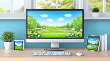 Poster - Desktop environment showcasing nature scene on screen reflecting remote work digital lifestyle concept emphasizing scenic tranquility