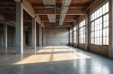 Poster - Adaptive reuse transforms warehouse into bright open office space. Generative AI renovation project features concrete columns, wood ceiling, natural light. Industrial building architecture with large
