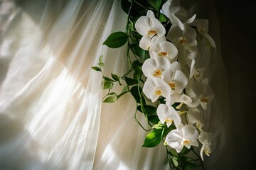 Poster - Soft white orchids cascade elegantly beside sheer fabric in a tranquil setting filled with gentle light. Generative AI