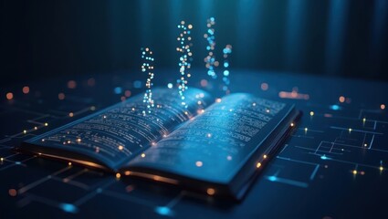 Poster - Ai Story Generator. Open book is sitting on table with lot of lights