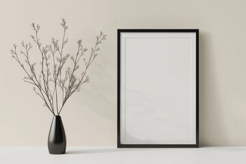 Poster - Elegantly styled black vase with dried branches beside a minimalistic frame against a soft wall in a serene indoor space. Generative AI