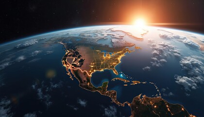Aufkleber - Stunning earth view from space sunrise over North America. Globe planet atmosphere, ocean with coast. Aerial satellite view. Cities lights. Natural beauty, science, technology, exploration themes.