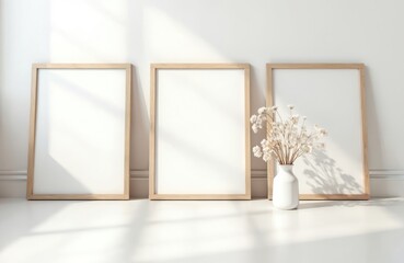Poster - Three blank vertical wooden frames mockup near white wall. Minimalistic style interior with artwork template. White vase with dry gypsophila flowers. Home decor. Scandinavian apartment room. Copy