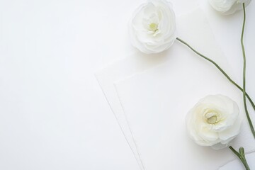 Poster - Delicate white ranunculus flowers arranged thoughtfully on soft white background showcasing elegance and simplicity. Generative AI