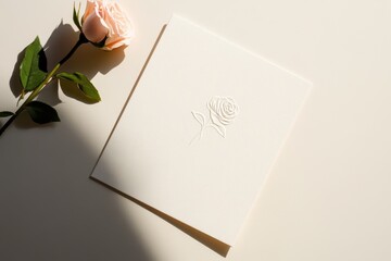 Poster - Elegant embossing contrasts with soft pastel hues in a serene arrangement featuring a delicate rose and textured stationery. Generative AI