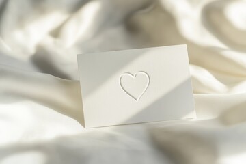 Poster - Elegant white card embossed with a heart symbol rests delicately on soft, flowing fabric bathed in gentle sunlight. Generative AI