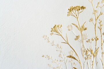 Poster - Delicate golden floral patterns grace textured white paper in a calming artistic display of nature's beauty and elegance. Generative AI