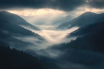 Poster - Mysterious mist weaving through the silent mountain valleys at dawn. Generative AI