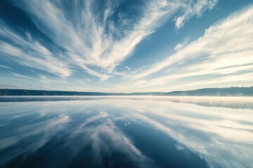 Poster - Stunning reflection of clouds over tranquil lake waters during a crisp morning in a serene natural landscape. Generative AI