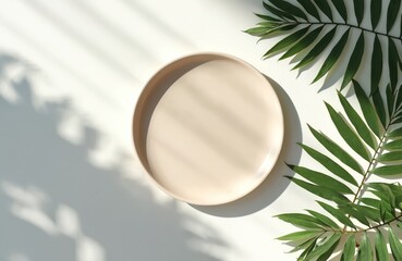 Aufkleber - Minimalist shot of empty beige plate with palm leaf shadows on white background. Top view food presentation scene with natural light. Clean simple modern style design for branding projects.