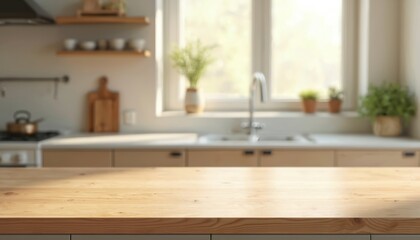 Poster - Empty wooden table top with blurred kitchen interior background. Kitchenware decor elements in sunshine. Wooden countertop surface perfect for food presentation, product placement, mockups, design