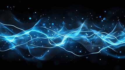 Poster - A captivating abstract background featuring flowing blue light trails and shimmering particles against a dark backdrop