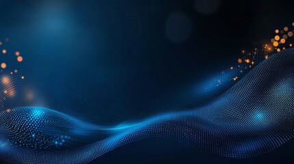 Poster - A captivating abstract background featuring flowing waves of blue with shimmering orange lights. Ideal for technology and modern design themes, providing a dynamic visual appeal.