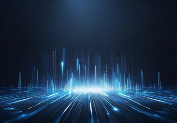 Poster - A captivating abstract digital background featuring bright blue light rays emanating from a central point, creating depth and a sense of movement, ideal for tech-related themes.