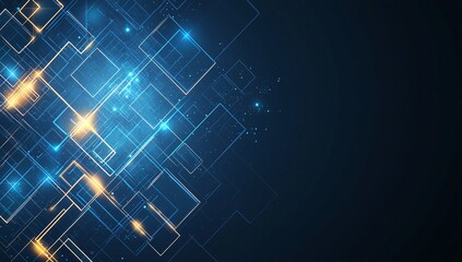 Poster - A captivating digital abstract image featuring glowing blue and gold geometric shapes against a dark background, symbolizing innovation, data flow, and modern technology.