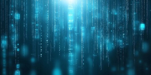 Aufkleber - A captivating digital background featuring cascading blue data streams and light effects, perfect for illustrating concepts of technology, innovation, and data visualization.