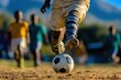 © Pejuang - Young Soccer Player Kicking Ball on Field at Dusk in Vibrant Scene