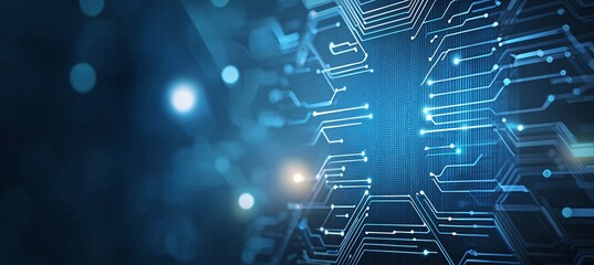 Poster - A close-up view of a futuristic circuit board design, showcasing intricate patterns and glowing blue lines. Perfect for tech-related projects, digital art, or innovation themes.